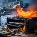 A fire incident with a printer due to overheating.