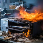 A fire incident with a printer due to overheating.