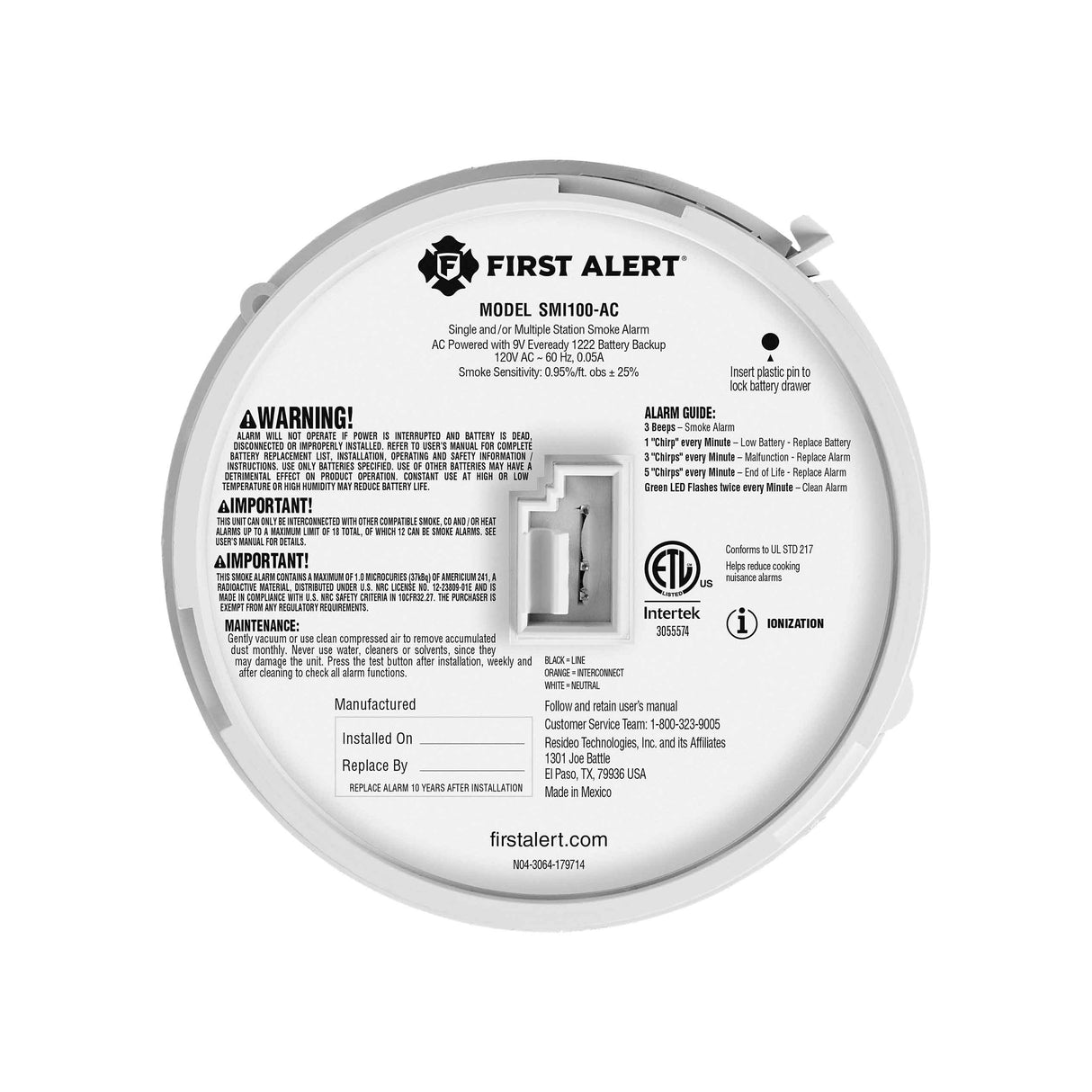 Honeywell SMI100-AC, First Alert (SMI100-AC) Precision Detection Interconnect Hardwired Smoke Alarm With Battery Backup