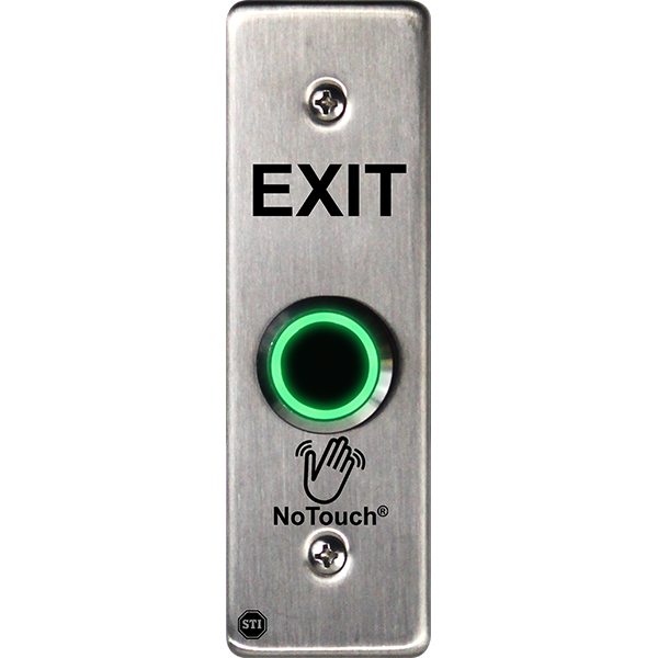 sti nt-ss001-en, STI NT-SS001-EN Slim/Mullion Mount NoTouch Stainless Steel Button – EXIT label – Backbox Included