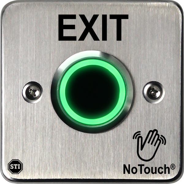sti nt-ss301-en, STI NT-SS301-EN European Single Gang Mount No Touch Stainless Steel Button – EXIT Symbol