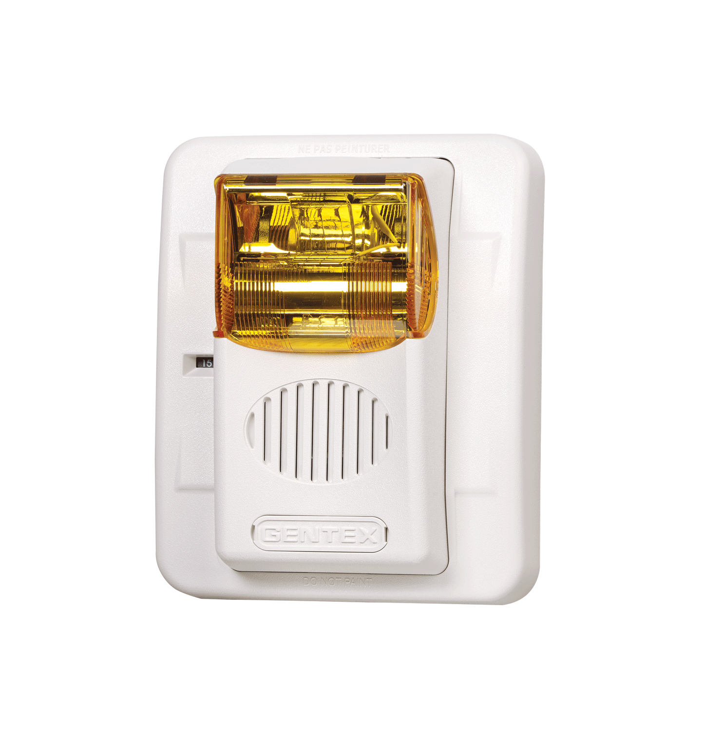 Gentex GECA24PWW, Gentex (GECA24PWW) Horn/strobe, amber lens, selectable candela strobe, wall mount, plain (no lettering) , white faceplate