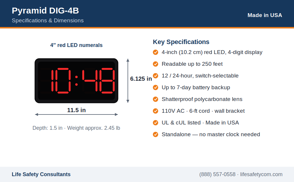 LED digital wall clock, Pyramid DIG-4B 4" Red LED Digital Wall Clock